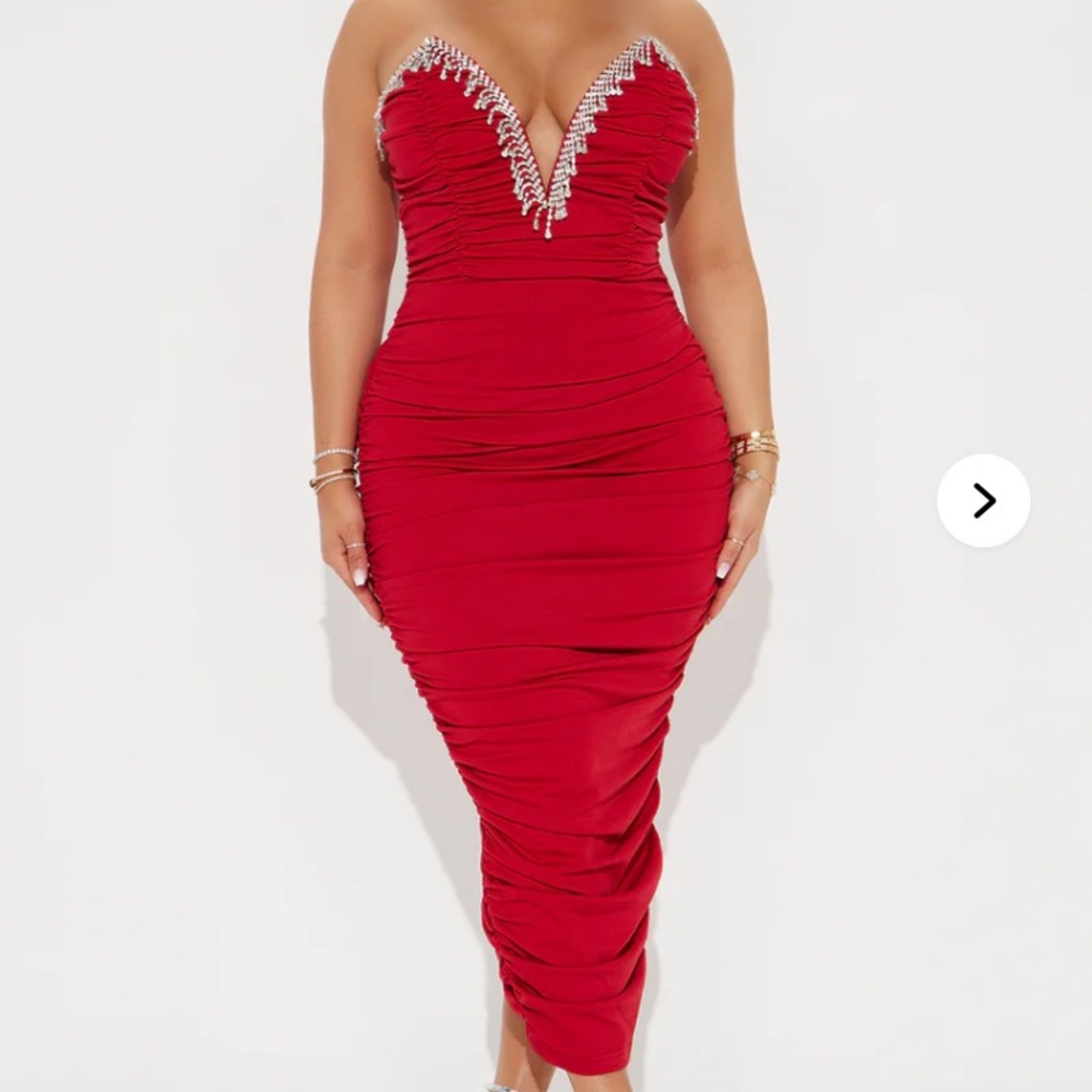 Fashion Nova Strapless Red Midi Dress with Rhinestone Accents-Red